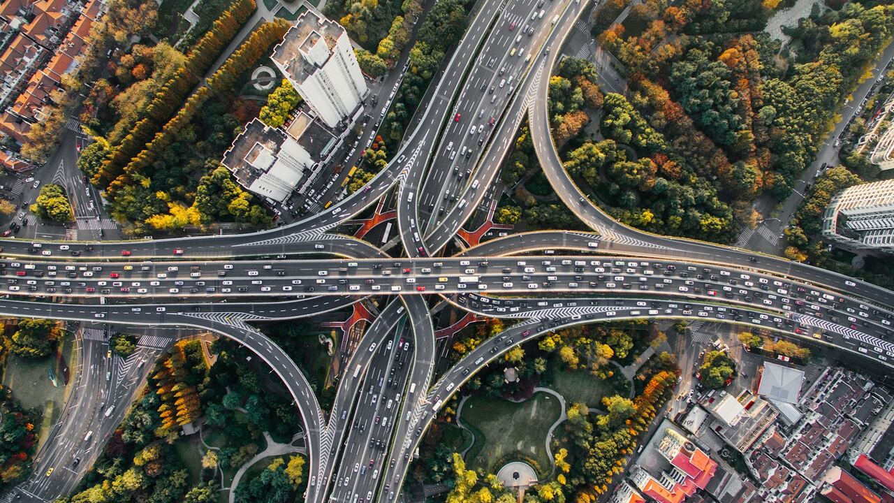 Aerial view of a landscaped highway interchange